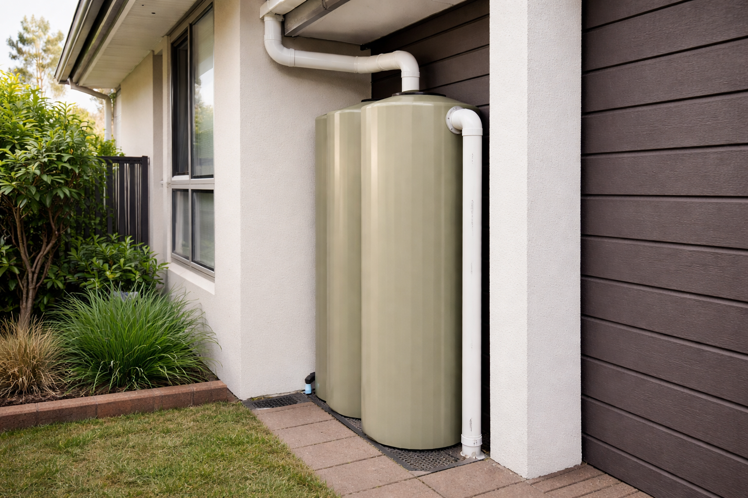 olive green rainwater tank installed beside a house